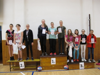 Turnaj v minivolejbalu 31. května 2017, na školních hřištích - stupně vítězek: 1. místo tým sekundy (Šance), 2. místo tým primy (Zanzibar), 3. místo tým sekundy (Miluzuaš)