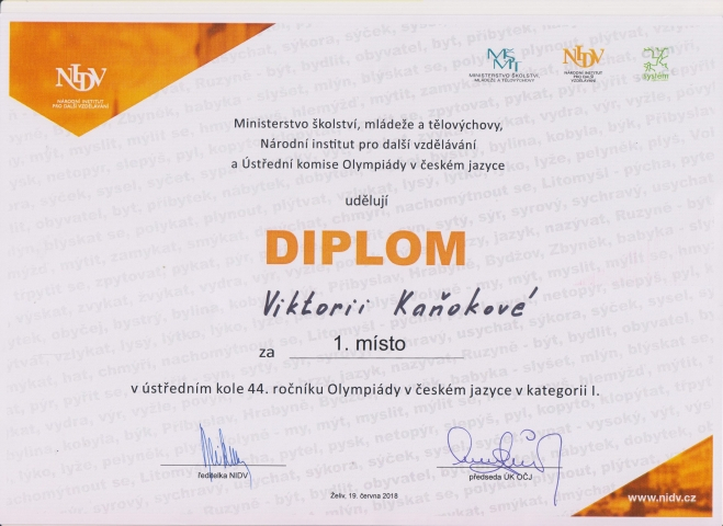 2018 - 1. místo v celostátním kole olympiády JČ -Kaňoková