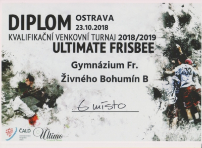 Diplom za 6. místo - tým B - Středoškolská liga v ultimate frisbee, podzimní kvalifikace, Ostrava, 23. 10. 2018