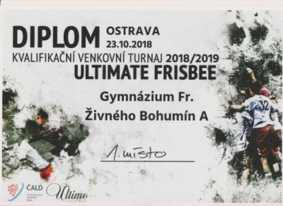 Diplom pro vítěze - tým A - Středoškolská liga v ultimate frisbee, podzimní kvalifikace, Ostrava, 23. 10. 2018
