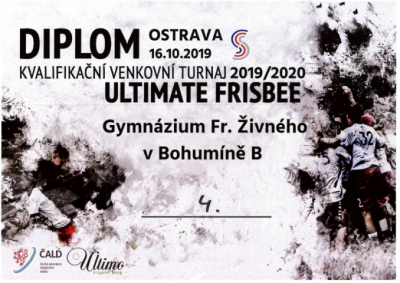 Středoškolská liga v ultimate frisbee - podzimní kvalifikace Ostrava (Vřesina) - diplom týmu B za 4. místo