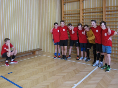 Okresní kolo ve volejbalu starších chlapců, 6. dubna 2017 - Tým chlapců našeho gymnázia (zleva): Tomáš K., Tomáš O., Marek A., Vojta B., Kuba G., Ríša S., David B., Filip Č.