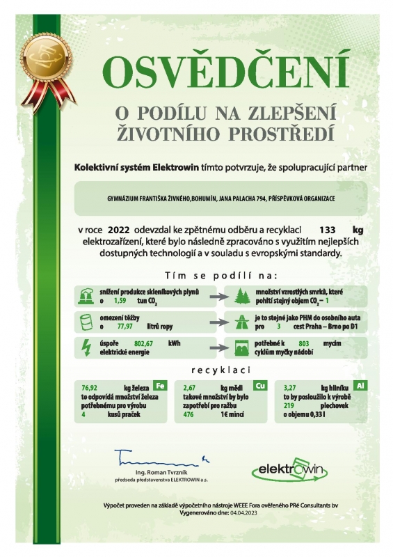 Osvědčení o podílu za zlepšení ŽP