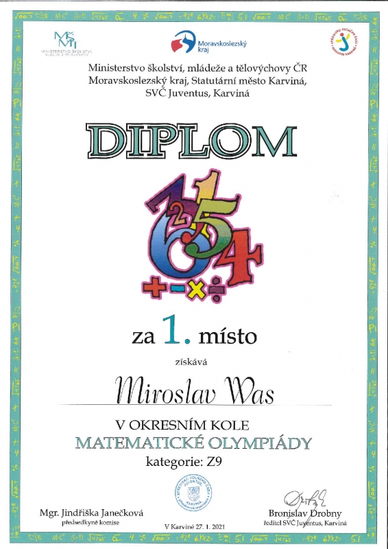 Vítězství v okresním kole Matematické olympiády
