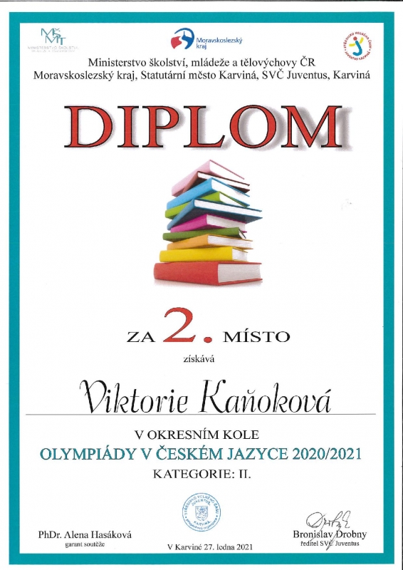 Pěkné 2. místo Viktorie Kaňokové v okresním kole olympiády v českém jazyce
