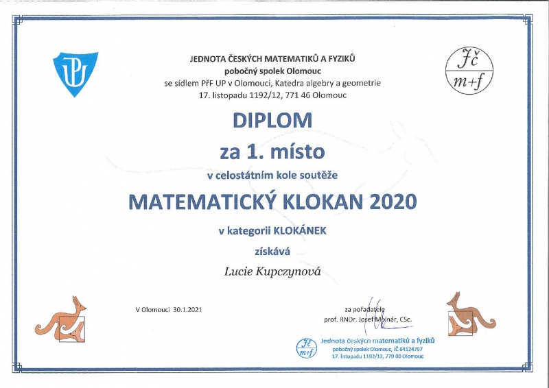 Výtečná umístění v celostátním kole Matematického klokana 2020