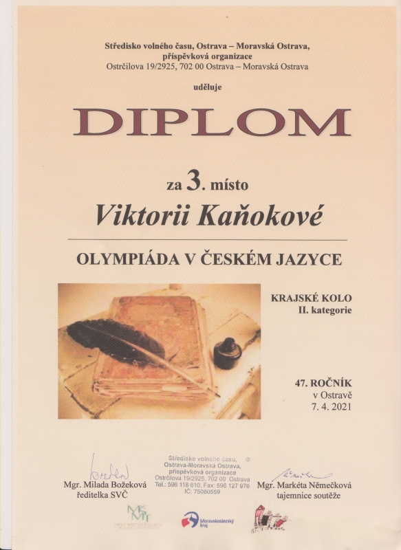 3. místo v krajské kole olympiády v českém jazyce