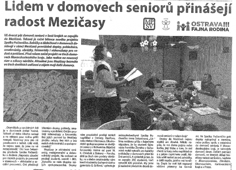 Poděkování za akci "Přáníčka pro seniory" organizovanou Gabkou Grillovou ze 4.A