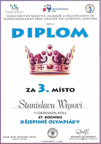 Standa Wąs třetí v okresním kole dějepisné olympiády!