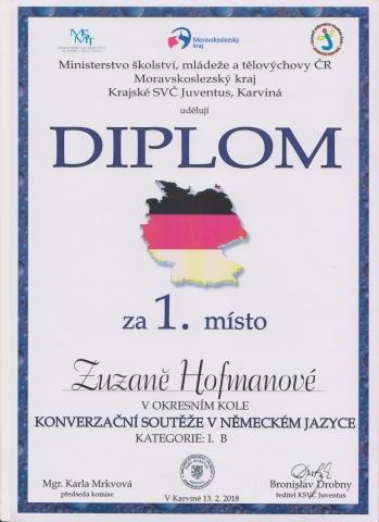 Zuzana Hoffmannová ze sekundy získala 1. místo v okresním kole!
