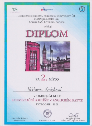 Viktorie Kaňoková vybojovala 2. místo v okresním kole soutěže v anglickém jazyce!