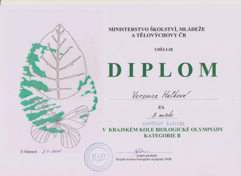 Bronzová příčka v krajském kole Biologické olympiády