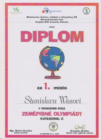 Standa Wąs opět první v okresním kole olympiády - tentokrát ze zeměpisu!