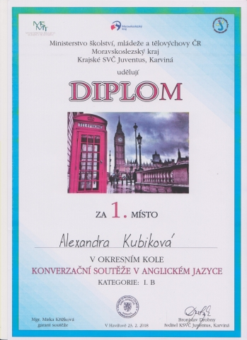 Saša Kubiková vybojovala 1.místo v okresním kole v anglické konverzaci!