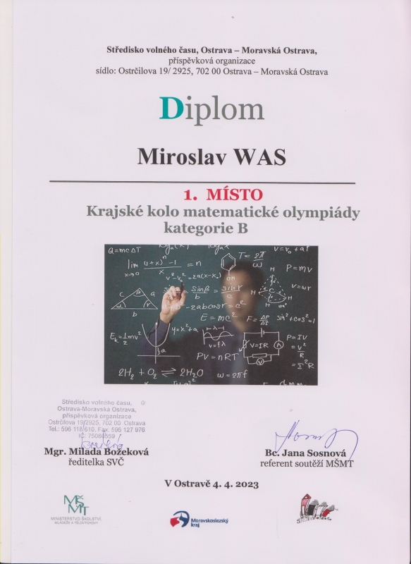 Vítězství v krajském kole Matematické olympiády