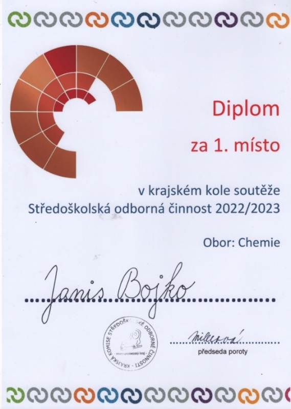 1. místo v Krajském kole Středoškolské odborné činnosti