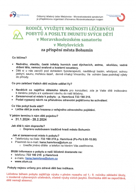 Nabídka léčebného pobytu MS kraje a Města Bohumín
