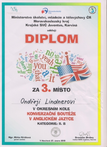 1. a 3. místo v okresním kole soutěže v anglickém jazyce