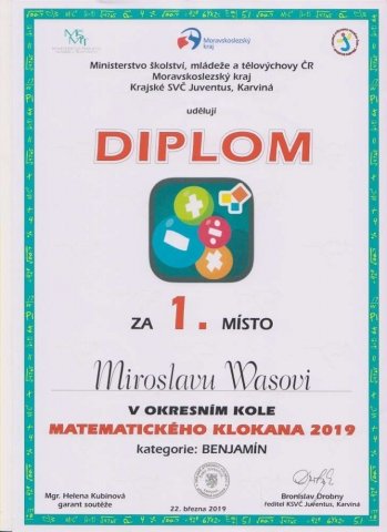 1. místo v okresním kole Matematického klokana
